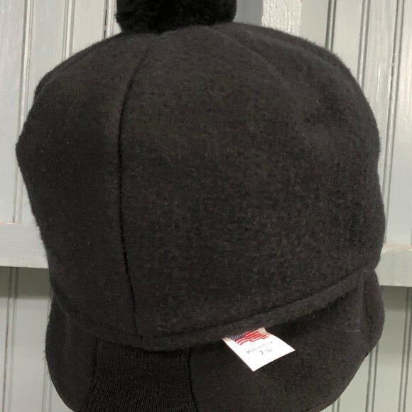Black Fleece Hunting Trapper Pom Made In USA Ear Flaps 7 3/8 Langenberg Hat Cap - Picture 8 of 10